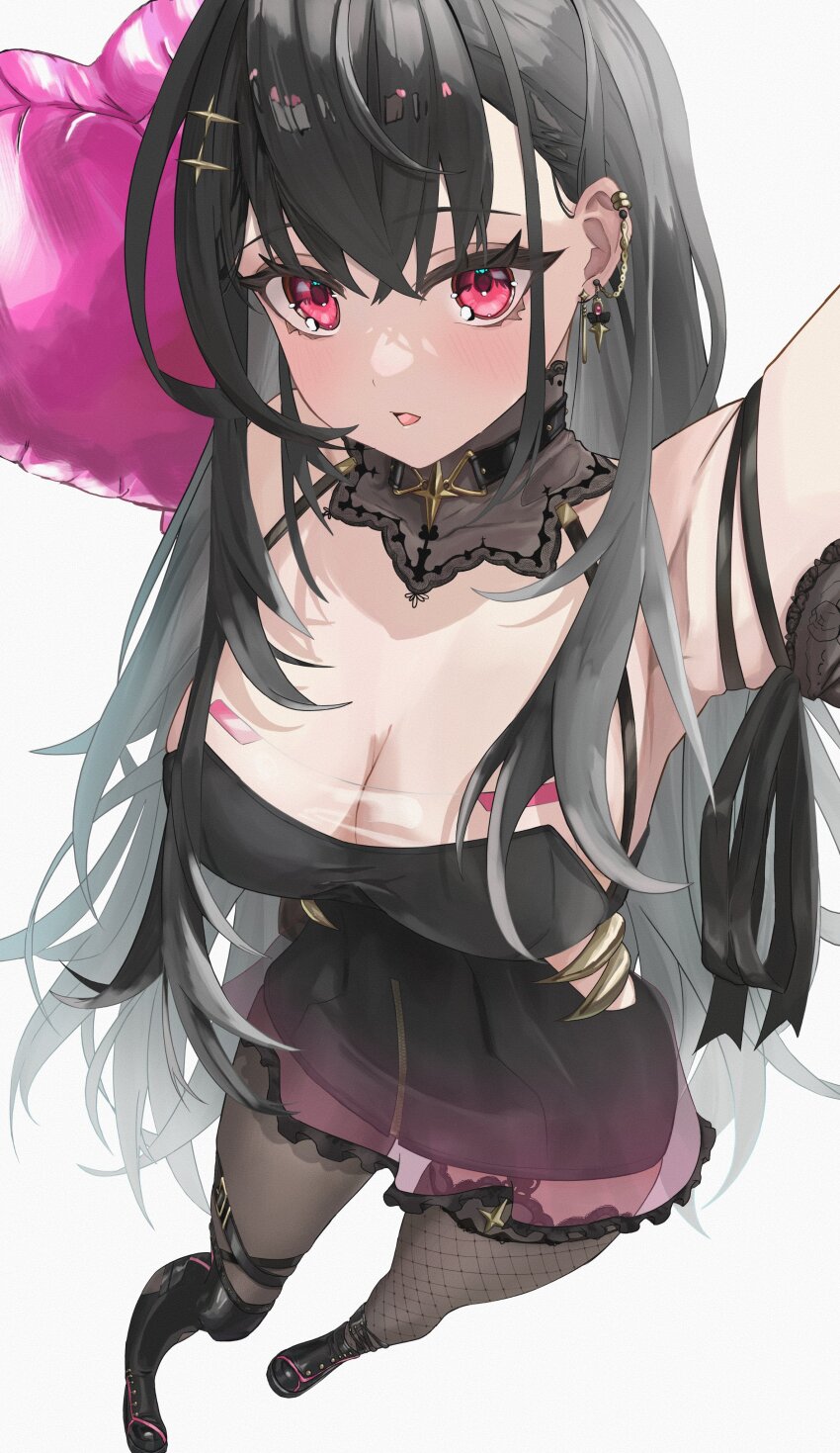 1girl :o absurdres arm_ribbon arm_up armpits artist_name balloon bare_shoulders black_boots black_collar black_dress black_hair blush boots breasts cleavage cleavage_cutout clothing_cutout collar crossed_bangs dontsu dress ear_chain ear_piercing earrings foreshortening garter_straps gradient_hair grey_hair grey_pantyhose grey_thighhighs hair_behind_ear hair_between_eyes hair_ornament hairclip halter_dress halterneck happy_birthday heart_balloon highres jewelry kuroha_arya lace-trimmed_collar lace_trim large_breasts linked_piercing long_hair looking_at_viewer multicolored_hair pantyhose piercing pink_eyes reaching reaching_towards_viewer ribbon see-through_dress_layer short_dress sideless_dress simple_background single_earring single_leg_pantyhose single_thighhigh skindentation solo standing thigh_strap thighhighs very_long_hair virtual_youtuber vspo! vspo!_en white_background