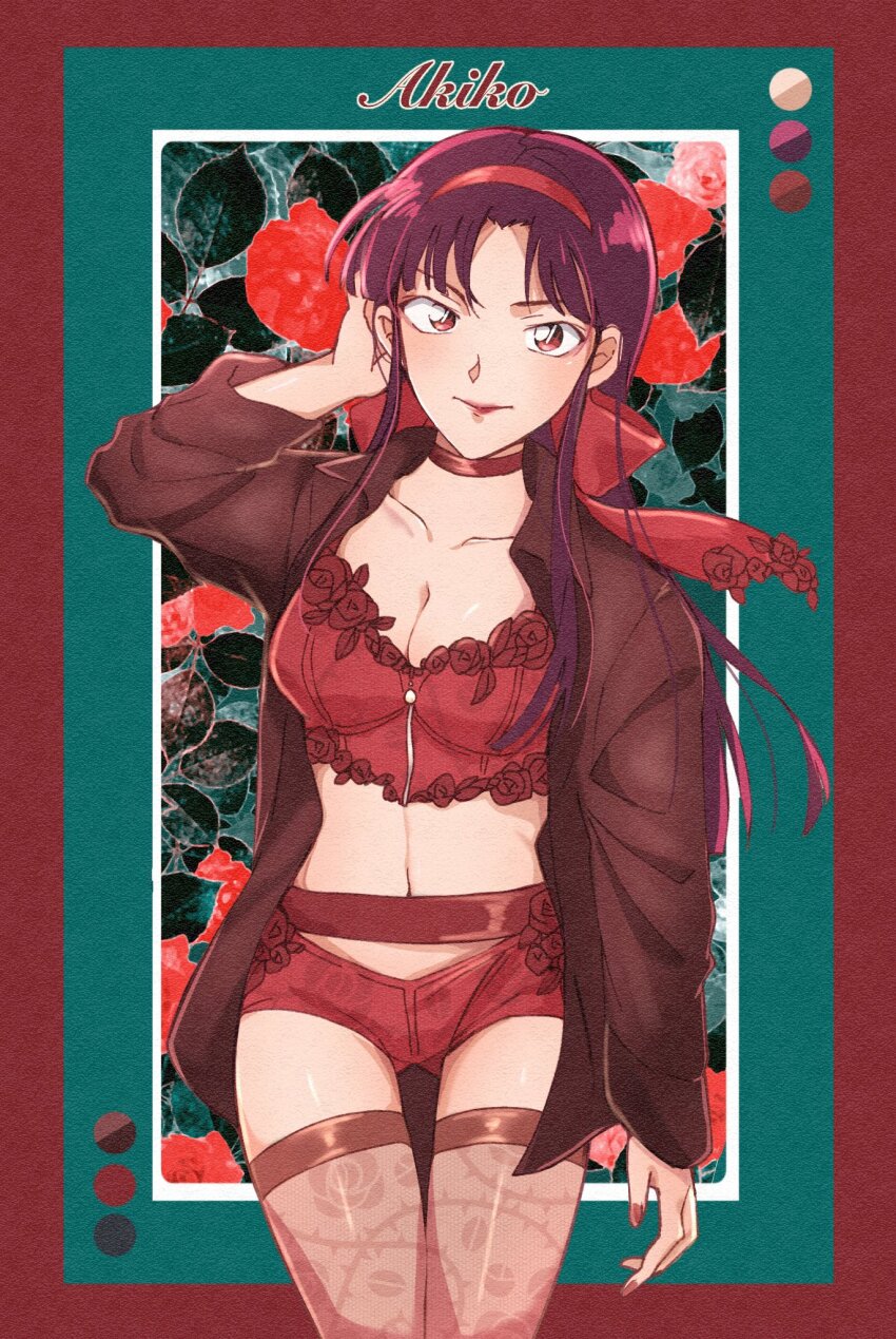1girl arm_at_side black_hair black_shirt bow bra character_name collared_shirt cowboy_shot floral_background flower_bra hairband hand_in_own_hair highres koizumi_akako long_hair long_sleeves looking_at_viewer magic_kaito open_clothes open_shirt panties red_bow red_bra red_eyes red_hairband red_panties sayaendou0426 shirt sidelocks solo standing thighhighs underwear