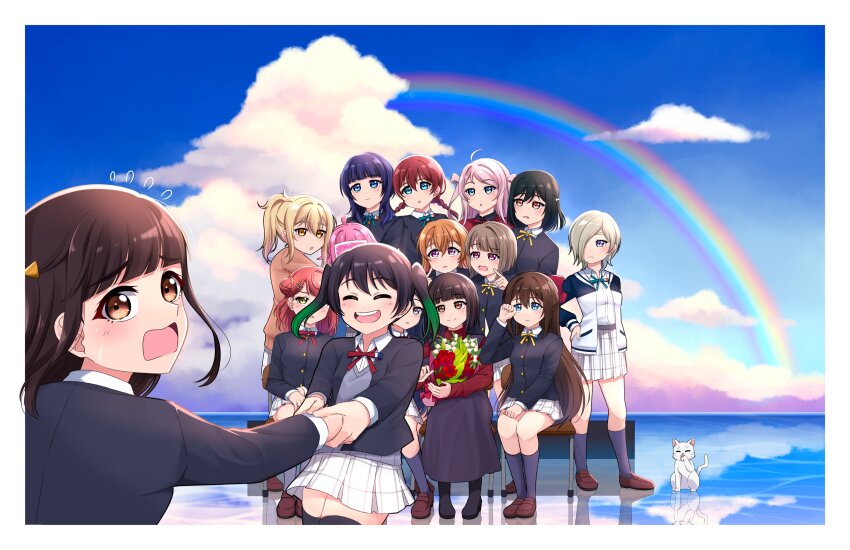6+girls :d :o ^_^ absurdres ahoge animal animification asaka_karin black_dress black_hair black_jacket black_sleeves black_socks black_thighhighs blazer blonde_hair blue_eyes blue_hair blue_jacket blue_sky blunt_bangs blunt_ends bouquet braid brown_cardigan brown_eyes brown_footwear brown_hair buttons cardigan cat chair closed_eyes closed_mouth cloud collared_shirt commentary covering_face d: dark_blue_hair drawing_(object) dress dress_shirt emma_verde finger_to_cheek flower flying_sweatdrops frown gradient_hair green_eyes green_hair green_ribbon grey_eyes grey_sweater_vest group_picture hair_ornament hair_over_one_eye hand_grab hanpen_(love_live!) hayashi_coco highres holding holding_bouquet holding_drawing horizon jacket kishimen_hair konoe_kanata kusunoki_tomori letterman_jacket loafers long_dress long_hair long_sleeves looking_at_another love_live! love_live!_nijigasaki_high_school_idol_club low_twin_braids medium_hair mia_taylor mifune_shioriko miniskirt miyashita_ai multicolored_hair multiple_girls nakasu_kasumi neck_ribbon nijigasaki_school_uniform one_eye_covered open_clothes open_jacket open_mouth orange_eyes osaka_shizuku outside_border pinafore_dress pink_eyes pink_hair plaid_clothes plaid_skirt pleated_skirt purple_eyes rainbow real_life red_ribbon red_shirt reflective_floor ribbon rina-chan_board school_chair school_uniform shirt shoes sitting ska.harumi skirt sky sleeveless sleeveless_dress sleeves_past_fingers sleeves_past_wrists smile socks split_mouth standing sweater_vest symbol-only_commentary takasaki_yu teeth tennoji_rina thighhighs triangle_hair_ornament turtleneck turtleneck_shirt twin_braids two-tone_hair two_side_up uehara_ayumu upper_teeth_only voice_actor voice_actor_connection white_jacket white_shirt white_skirt winter_uniform yellow_eyes yellow_ribbon yuki_setsuna zettai_ryouiki zhong_lanzhu