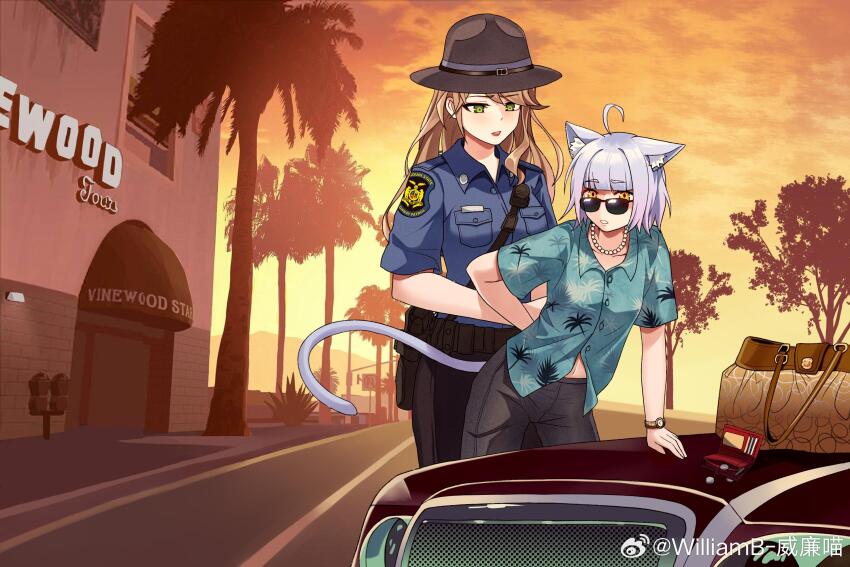 2girls ahoge animal_ears atlanta_(warship_girls_r) bag black_hat black_pants blonde_hair blue_shirt brown_hair building car cat_ears cat_girl cat_tail collared_shirt english_text green_eyes hat highres jewelry long_hair missouri_(warship_girls_r) motor_vehicle multiple_girls necklace outdoors palm_tree palm_tree_print pants parody pearl_necklace police police_uniform shirt short_hair short_sleeves sunglasses sunset tail tree virtual_youtuber warship_girls_r watch watermark weibo_watermark williamb wristwatch