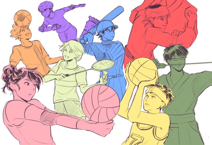 2girls 6+boys archery arrow_(projectile) badminton badminton_racket ball baseball baseball_bat basketball basketball_(object) digimon digimon_survive glasses helmet highres hinata_minoru holding holding_ball holding_baseball_bat holding_racket kari_(kbondoxxa) kayama_shuuji kimishima_saki momotsuka_takuma multiple_boys multiple_girls playing_sports racket roller_skates shibuya_aoi shinonome_kaito shinonome_miu shuttlecock skates soccer soccer_ball spot_color tominaga_ryo volleyball volleyball_(object)