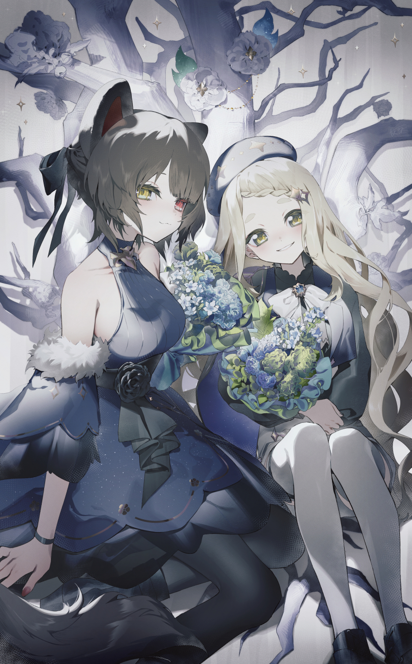 2girls absurdres animal_ears bare_shoulders beret black_pantyhose black_shoes blue_flower blue_hat blue_shirt blue_skirt blue_sleeves blue_vest bouquet braid braided_bangs breasts brown_eyes brown_hair commentary_request detached_sleeves dog_ears dog_girl dog_tail feet_out_of_frame flower fur-trimmed_sleeves fur_trim grey_shirt haizome_senri hat heterochromia highres in_tree inui_toko long_hair long_sleeves looking_at_viewer machita_chima medium_breasts multiple_girls nijisanji pantyhose puffy_long_sleeves puffy_sleeves red_eyes ribbed_shirt shirt shoes sideboob sitting skirt sleeveless sleeveless_shirt smile swept_bangs tail tree very_long_hair vest virtual_youtuber white_flower white_pantyhose wide_sleeves