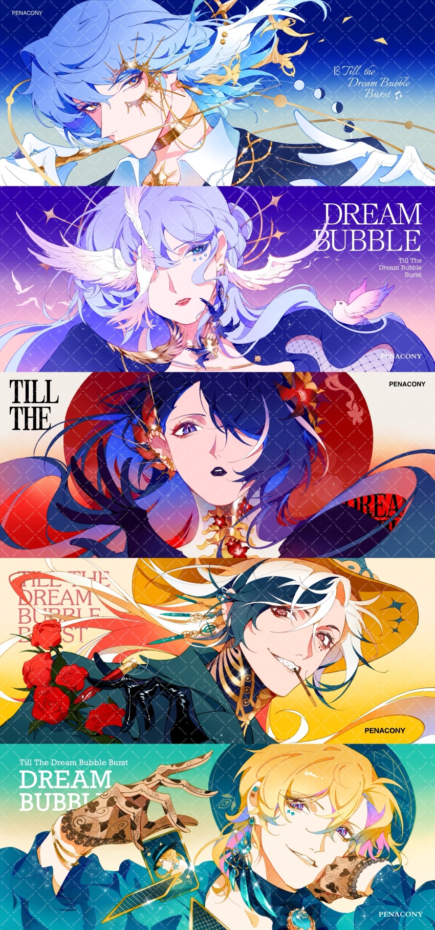 2girls 3boys absurdres acheron_(honkai:_star_rail) aqua_background aventurine_(honkai:_star_rail) beak bird birdcage black_choker black_gloves black_hair black_hat black_jacket black_lips blonde_hair blue_background blue_eyes blue_gemstone blue_hair blue_shirt boothill_(honkai:_star_rail) bracelet braid brother_and_sister brown_gloves bullet bullet_in_mouth cage card choker collared_shirt commentary covering_own_mouth cowboy_hat dove earclip earrings english_commentary english_text feathered_wings floating_hair flower gem gloves gold_bracelet gold_choker gold_earrings gold_trim gradient_background hair_between_eyes hair_bun hair_flower hair_ornament hair_over_one_eye hand_on_own_face hands_up hat head_wings highres holding holding_card holding_stick honkai:_star_rail honkai_(series) jacket jewel_under_eye jewelry long_hair long_sleeves looking_at_viewer looking_to_the_side moon_phases multicolored_eyes multicolored_hair multiple_boys multiple_girls orange_background petals piercing pink_background pink_hair playing_card puffy_long_sleeves puffy_sleeves purple_background purple_eyes purple_hair red_background red_eyes red_flower red_hair red_lips red_rose robin_(honkai:_star_rail) rose saskeboom sharp_teeth shirt short_hair siblings smile sparkle stick sun_ornament sunday_(honkai:_star_rail) teeth two-tone_background upper_body white_background white_gloves white_hair white_shirt wing_piercing wings yellow_background yellow_eyes