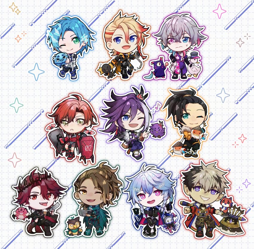 6+boys absurdres altventurer_(regis_altare) animal axe axel_syrios axel_syrios_(1st_costume) axelotl_(axel_syrios) axolotl banzoin_hakka banzoin_hakka_(1st_costume) bird black_hair blonde_hair blue_eyes blue_hair braid brown_hair bubby_(goldbullet) chain chibi chibi_only clothed_animal conical_hat cooking_pot creature crimzon_ruze crown dark-skinned_male dark_skin dinosaur_tail drone everyone fangs fish four-pointed_star gavis_bettel gavis_bettel_(1st_costume) goldbullet goose green_eyes grey_hair grid_background grin hakkito_(banzoin_hakka) hat heterochromia highres holding holding_animal holding_cooking_pot holding_creature holding_weapon holoarmis holostars holostars_english holotempus josuiji_shinri jurard_t_rexford koi koipanion_(josuiji_shinri) kyoukouo long_hair machina_x_flayon machina_x_flayon_(1st_costume) male_focus multicolored_hair multiple_boys musical_note octavio one_eye_closed outer_glow outline phantom_(gavis_bettel) pink_eyes pink_hair pointy_ears ponytail poppet_(octavio) puppet_strings purple_eyes purple_hair red_eyes red_hair regis_altare ruzader_(crimzon_ruze) sharp_teeth shield short_hair side_braid single_braid single_hair_streak slime_(creature) smile sorawrity_(jurard_t_rexford) sparkle sparkle_background streaked_hair tail teeth tongue tongue_out top_hat tri_braids two-tone_hair virtual_youtuber weapon white_hair white_outline yellow_eyes