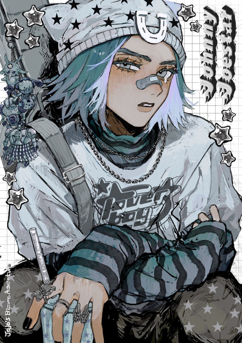 1boy bandaid bandaid_on_face bandaid_on_nose beanie blue_hair character_name cup disposable_cup drinking_straw grey_eyes grey_hat grey_shirt hat highres holding holding_cup horseshoe_hat_ornament horseshoe_ornament jewelry johnny_joestar jojo_no_kimyou_na_bouken looking_at_viewer male_focus necklace neg_50asu print_shirt ring shirt short_hair solo star_(symbol) star_print steel_ball_run striped_clothes striped_shirt tusk_(stand) tusk_act1 tusk_act2 tusk_act3 tusk_act4 y2k_fashion