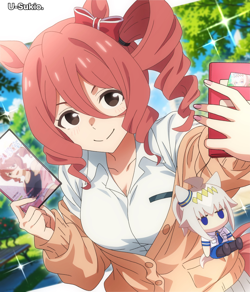 1girl absurdres animal_ears breasts brown_hair cleavage drill_hair highres holding holding_phone horse_ears horse_girl looking_at_viewer norn_ace_(umamusume) oguri_cap_(umamusume) phone shirt smile solo suzukatore umamusume umamusume:_cinderella_gray white_shirt