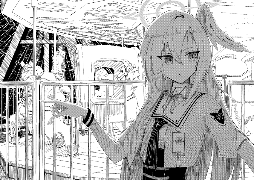 1girl blue_archive carousel commentary_request greyscale hair_between_eyes halo head_wings highres kotoba_ayato long_hair long_sleeves monochrome open_mouth pointing school_uniform single_head_wing smile solo suzumi_(blue_archive) trinity_general_school_logo upper_body wings