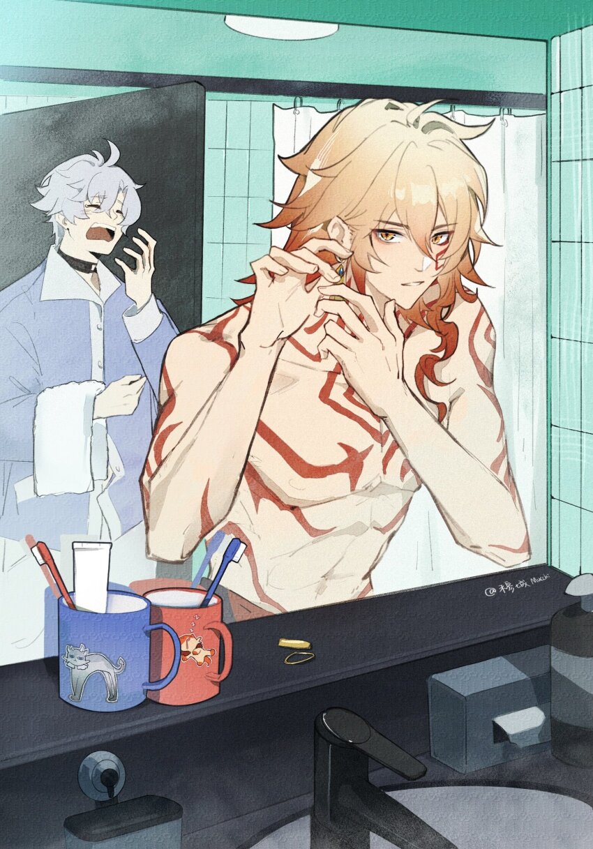 2boys abs adjusting_earrings arm_tattoo bathroom blonde_hair blue_hair chest_tattoo choker closed_eyes cup earrings facial_tattoo gold_earrings highres holding holding_towel honkai:_star_rail honkai_(series) jewelry looking_at_mirror male_focus mirror mucchi2019 multiple_boys mydei_(honkai:_star_rail) open_mouth orange_eyes pajamas phainon_(honkai:_star_rail) red_tattoo sink sleepwear sleepy tattoo toned toned_male toothbrush topless_male towel yawning