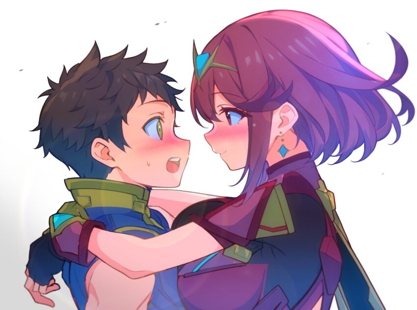 blush breasts highres kakk_e large_breasts pyra_(xenoblade) red_eyes red_hair rex_(xenoblade) xenoblade_chronicles_(series) xenoblade_chronicles_2