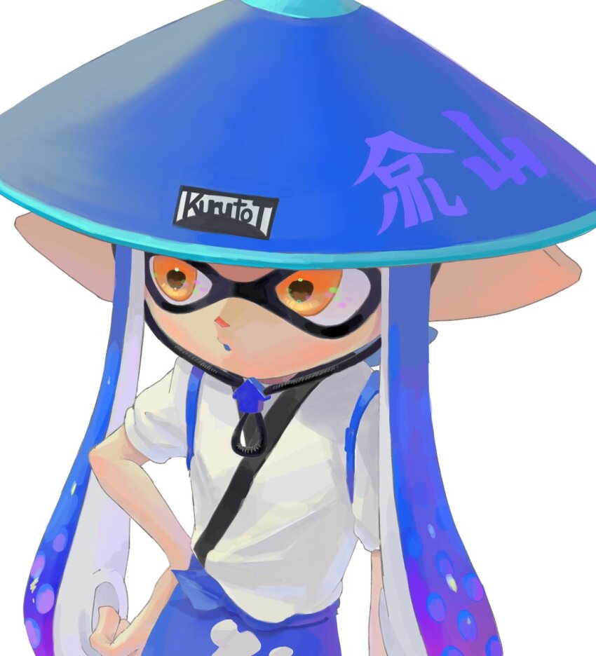 1other armor blue_hair blue_skirt chin_strap close-up contrapposto cowboy_shot gradient_hair highres inkling_player_character japanese_armor japanese_clothes kote kurokote kurutot1 looking_ahead multicolored_hair nintendo orange_eyes other_focus parted_lips pointy_ears shirt shirt_tucked_in short_sleeves simple_background skirt solo splatoon_(series) tasuki twintails white_background white_shirt