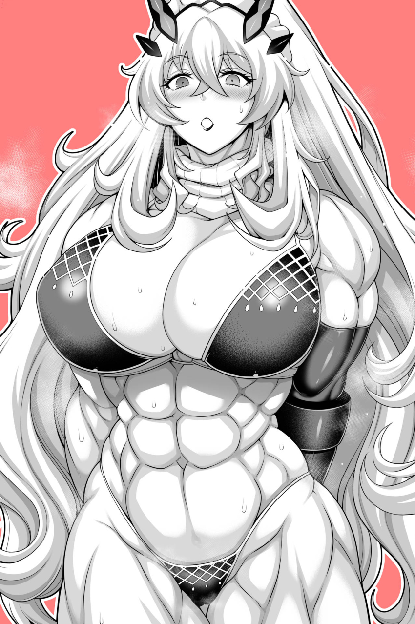 1girl aoyama_akira arms_behind_back barghest_(fate) bikini breasts broad_shoulders cowboy_shot fairy_knight_gawain_(ice_warrior)_(fate) fate/grand_order fate_(series) hair_between_eyes highres horns huge_breasts long_hair monochrome muscular muscular_arms muscular_female muscular_legs open_mouth red_background scarf solo standing sweat swimsuit very_long_hair