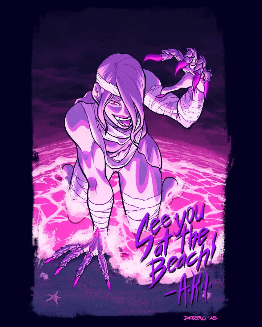 1girl a.k.i._(street_fighter) bandaged_arm bandaged_head bandaged_leg bandages beach bikini claw_(weapon) dkirbyj evil_smile fingernails highres kneeling looking_at_viewer official_alternate_costume official_alternate_hairstyle open_mouth pale_skin red_eyes sharp_fingernails smile solo street_fighter street_fighter_6 swimsuit tongue tongue_out very_long_fingernails water weapon