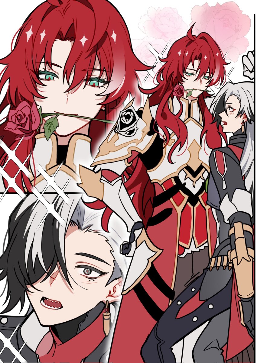 2boys aqua_eyes argenti_(honkai:_star_rail) armor bishie_sparkle black_armor black_hair black_jacket black_pants blush boothill_(honkai:_star_rail) brown_pants bullet bullet_earrings cape closed_mouth cuisses cyborg earrings flower gauntlets grey_eyes hair_between_eyes hair_over_one_eye hand_on_own_hip highres honkai:_star_rail honkai_(series) jacket jewelry knight long_hair long_sleeves looking_at_another male_focus mechanical_arms mechanical_hands multicolored_hair multiple_boys multiple_views open_mouth pants red_cape red_flower red_hair red_pupils red_rose rose sharp_teeth shoulder_armor sidelocks simple_background smile teeth two-tone_hair wavy_hair white_armor white_background white_hair yaoi yuelinpanp98413