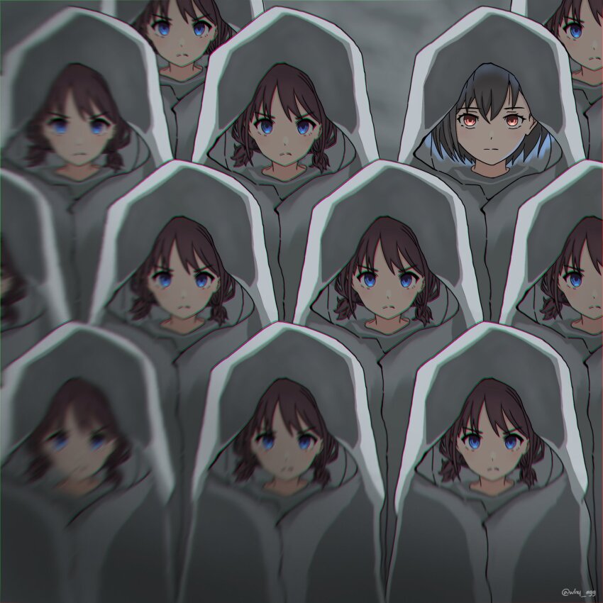 6+girls a_whydc bang_dream! bang_dream!_it&#039;s_mygo!!!!! blue_eyes chromatic_aberration clone closed_mouth commentary crossover expressionless frown girls_band_cry glaring grey_hair hashtag-only_commentary highres iseri_nina looking_at_viewer multiple_girls non-breath_oblige_(vocaloid) red_eyes red_hair short_twintails takamatsu_tomori twintails twitter_username