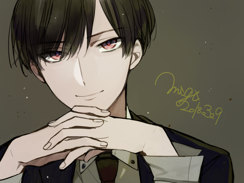 1boy black_hair black_jacket black_necktie closed_mouth collared_shirt commentary dated grey_background grey_shirt highres jacket light_particles looking_at_viewer male_focus matsunaka_hiro necktie original own_hands_together portrait red_eyes sanpaku shirt side_part signature smile solo