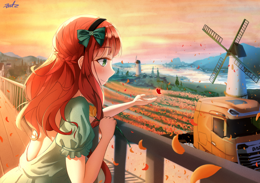 1girl absurdres black_hairband blunt_bangs braid curly_hair de_ruyter_(kancolle) dress evening field flower flower_field fritz614 green_dress green_eyes hairband highres kantai_collection long_hair motor_vehicle outdoors petals red_hair river short_sleeves side_braid smile solo truck upper_body windmill