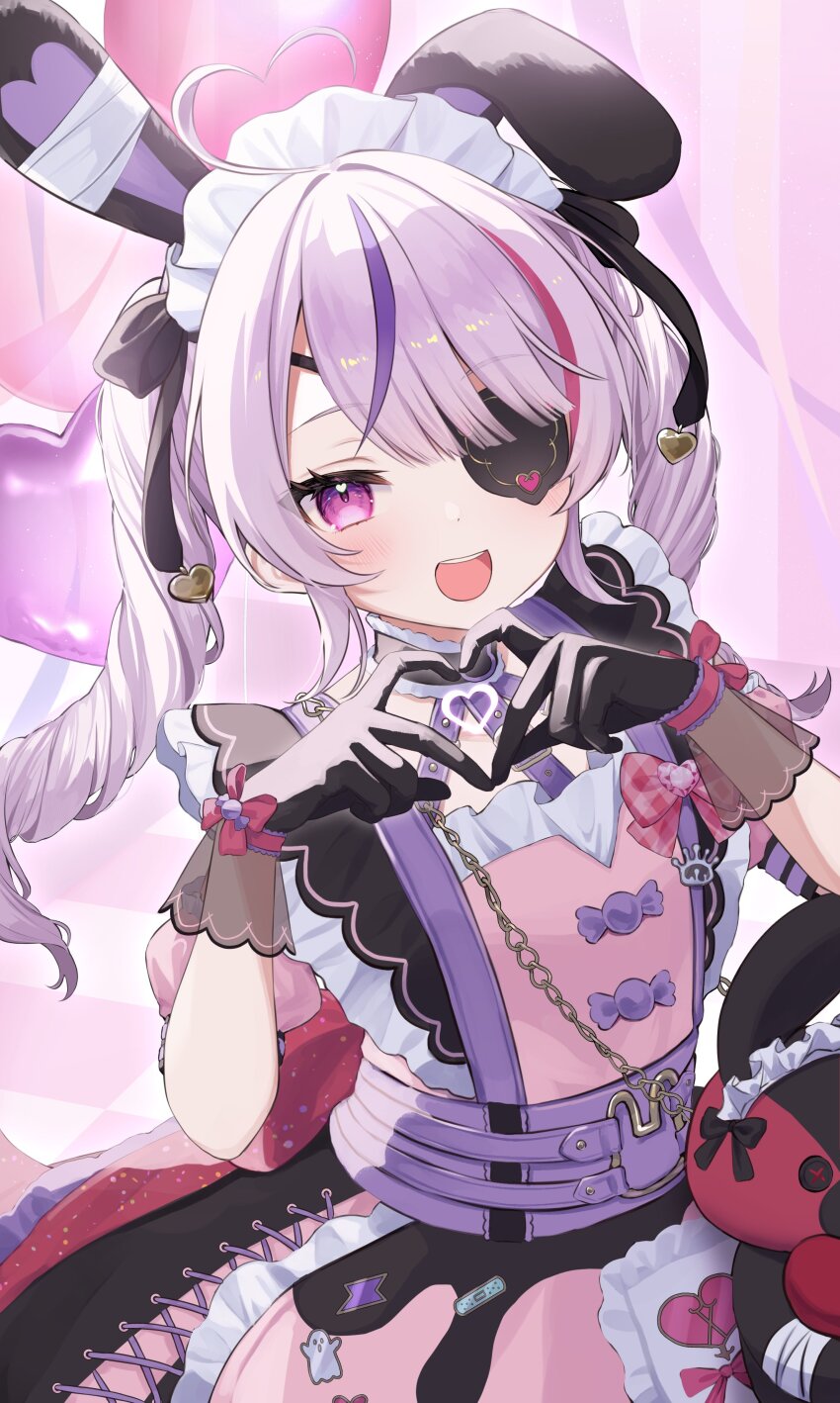 1girl four-finger_heart_hands :d absurdres ahoge animal_ears balloon black_gloves commentary dress drill_hair eyepatch fake_animal_ears gloves gomamiso_(gomagoma_bba) heart heart_ahoge heart_hands heart_in_eye highres light_blush long_hair looking_at_viewer maid maid_headdress maria_marionette maria_marionette_(2nd_costume) multicolored_hair nijisanji nijisanji_en open_mouth pink_hair purple_eyes rabbit_ears smile solo streaked_hair symbol_in_eye teeth twin_drills twintails upper_body upper_teeth_only virtual_youtuber