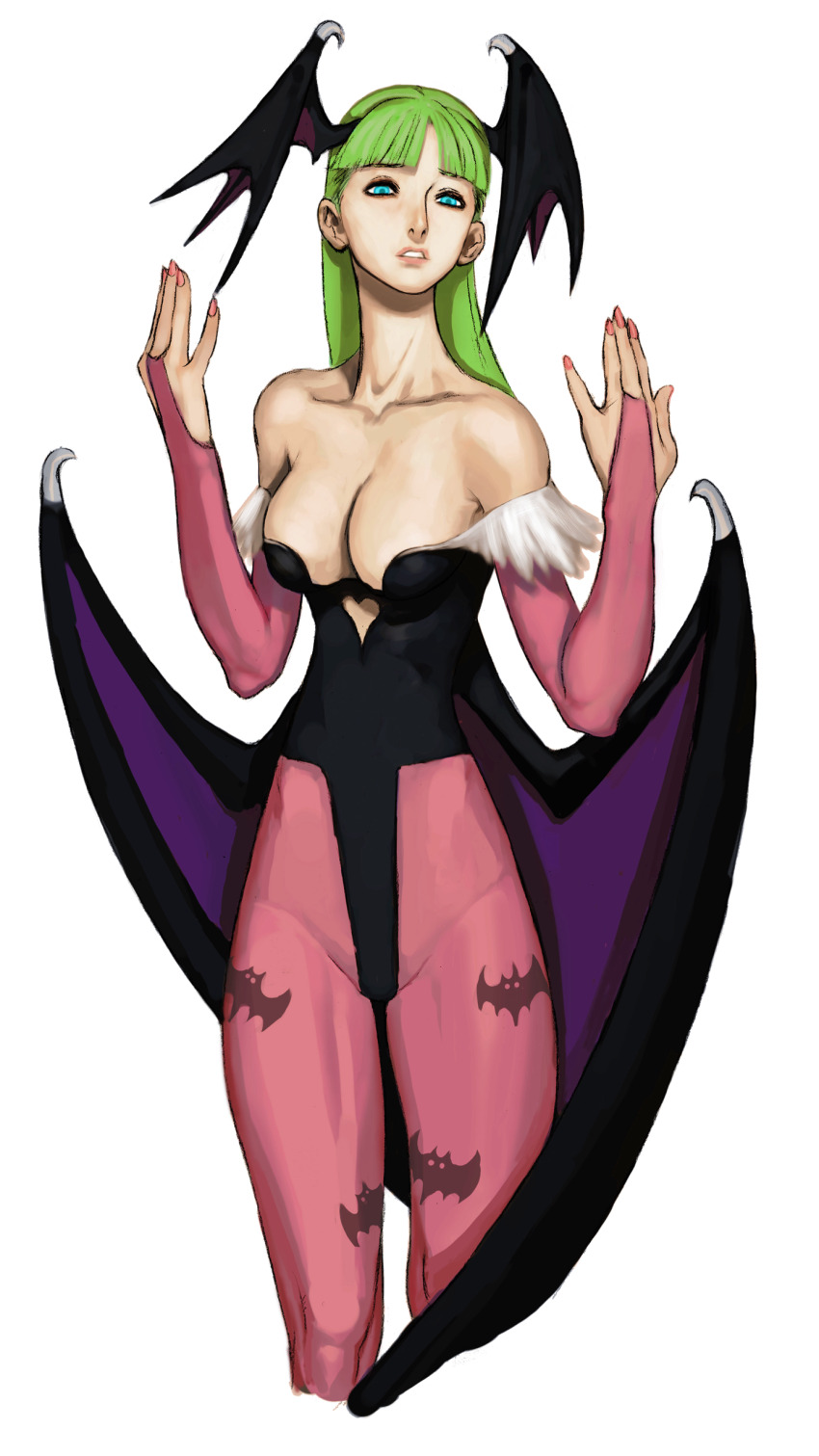 1girl absurdres animal_print aqua_hair armpits bare_shoulders bat_print bat_wings blue_eyes breasts bridal_gauntlets capcom_vs_snk cleavage darkstalkers demon_girl fur-trimmed_leotard fur_trim game_cg green_hair hands_up head_wings heart highleg highleg_leotard highres ikeno_daigo large_breasts leotard lips long_hair morrigan_aensland nail_polish non-web_source off-shoulder_leotard official_art orange_eyes pantyhose parted_lips pink_nails print_pantyhose purple_pantyhose purple_wings simple_background solo standing wings