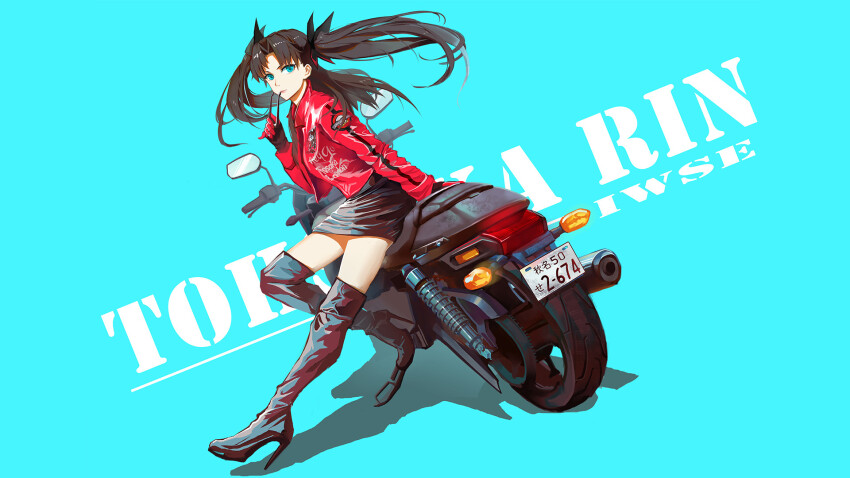 1girl alternate_costume aqua_background black_boots black_bow black_gloves black_skirt boots bow brown_hair character_name fate/stay_night fate_(series) full_body gloves hair_bow hair_ribbon handlebar high_heel_boots high_heels highres holding holding_removed_eyewear iwse_zhang jacket kickstand leaning license_plate long_hair long_sleeves looking_at_viewer miniskirt mirror motor_vehicle motorcycle multicolored_gloves red_gloves red_jacket ribbon shoes simple_background skirt solo standing thigh_boots tohsaka_rin turn_signal twintails two_side_up unworn_eyewear