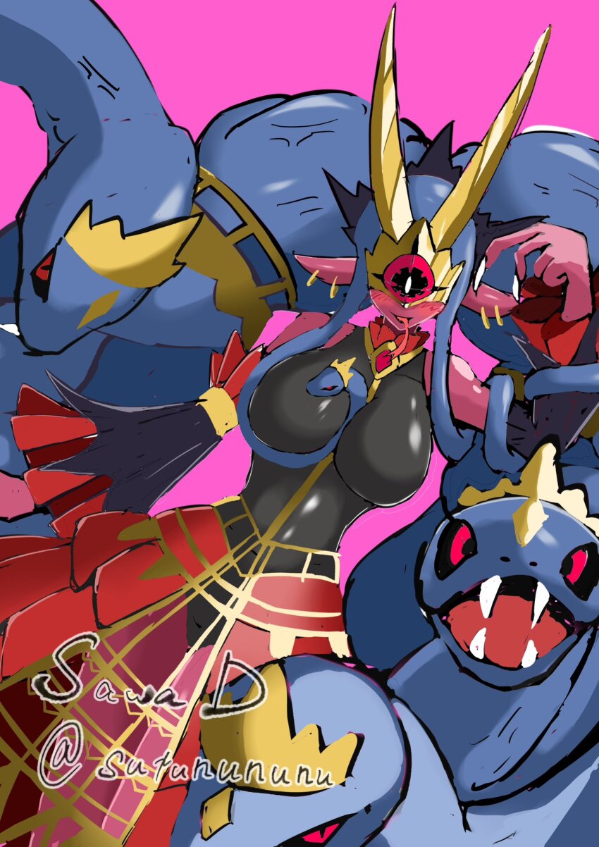 black_sclera breasts colored_sclera crown digimon digimon_(creature) earrings fingernails highres horns jewelry long_fingernails mask medusamon nail_polish non-web_source open_mouth pink_background red_eyes sawad sharp_teeth simple_background snake snake_hair sutunununu teeth tight_clothes