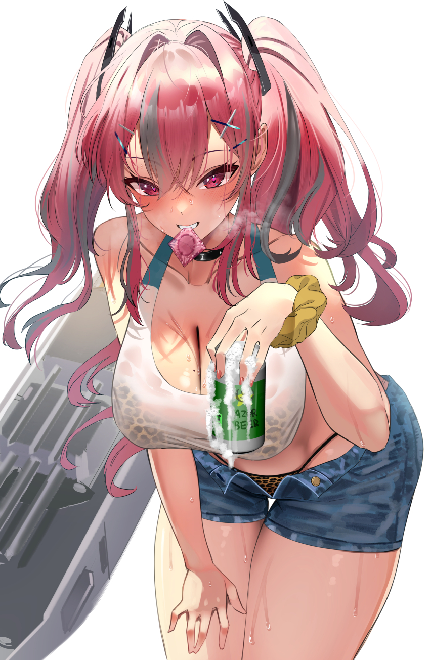1girl absurdres azur_lane blue_shorts blush breasts bremerton_(azur_lane) can cleavage collarbone commentary condom condom_wrapper english_commentary grin hair_between_eyes hair_intakes hair_ornament highres holding holding_can holding_condom large_breasts looking_at_viewer multicolored_hair panty_straps red_eyes red_hair rossy_(yowayowachimpo) shorts simple_background smile solo tank_top teeth thighs twintails two-tone_hair white_background white_tank_top