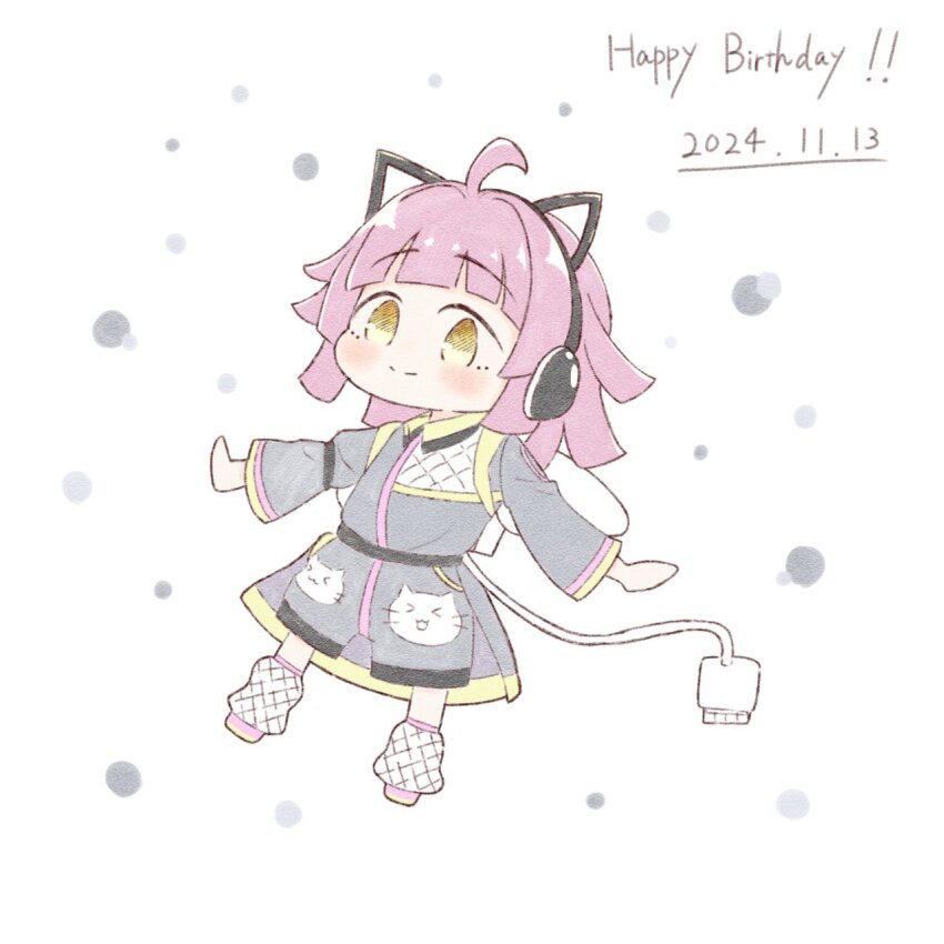 1girl ahoge amano_tatsu blunt_bangs blunt_ends blush closed_mouth coat collared_jumpsuit commentary_request dated deformed grey_coat grey_jumpsuit happy_birthday highres jumpsuit kishimen_hair long_sleeves looking_at_viewer love_live! love_live!_nijigasaki_high_school_idol_club mechanical_tail medium_hair official_alternate_costume pink_hair smile solo split_mouth tail tennoji_rina tsunagaru_connect_(love_live!) white_background yellow_eyes