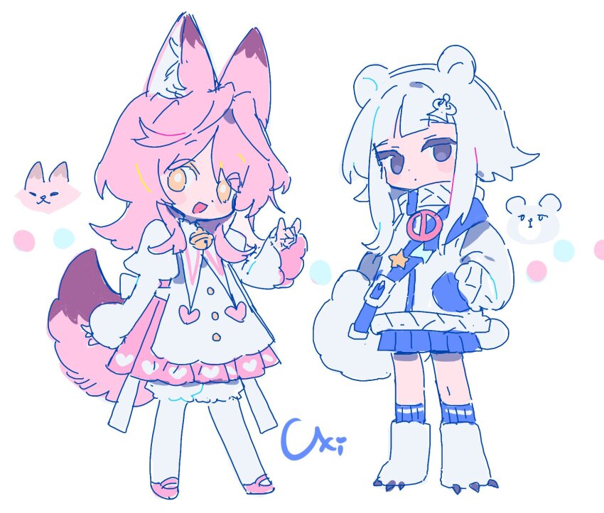 2girls animal_ears asphyxia17 bear_ears bell black_hair blue_socks closed_mouth fox_ears hair_ornament highres long_hair long_sleeves looking_at_viewer multiple_girls open_mouth original pink_hair pink_shoes shoes short_hair signature simple_background sleeves_past_wrists socks standing tail thighhighs white_background white_hair white_thighhighs yellow_eyes