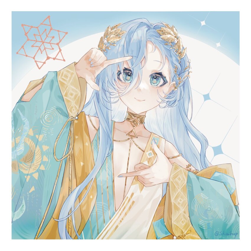 1girl 37_(reverse:1999) ancient_greek_clothes bare_shoulders blue_background blue_eyes blue_hair blue_robe border closed_mouth finger_frame gold_choker greco-roman_clothes hair_between_eyes hands_up hexagram highres laurel_crown long_hair looking_at_viewer plunging_neckline reverse:1999 robe skaihop smile solo upper_body very_long_hair white_border