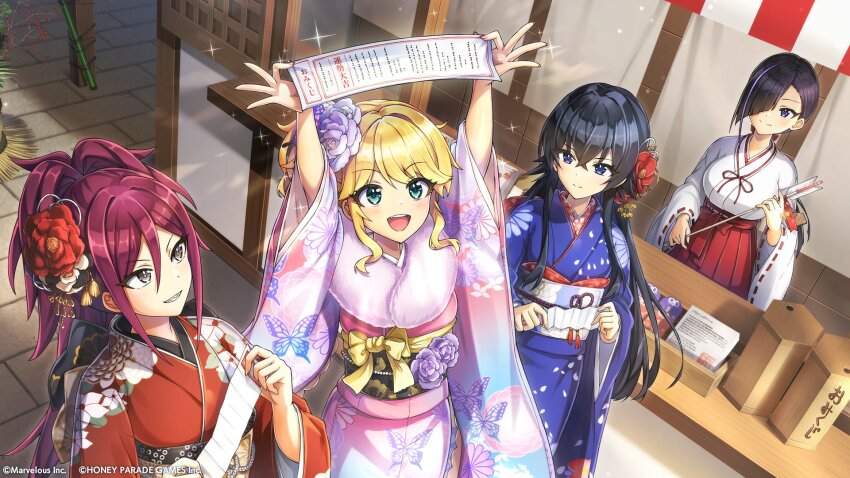 4girls arrow_(projectile) black_hair blonde_hair blue_eyes brown_eyes crossed_bangs dolphin_wave green_eyes hagane_otsuki hair_between_eyes hair_intakes hair_ornament hair_over_one_eye highres holding holding_arrow izumi_kiri japanese_clothes kimono kurenashi_yuuri kurose_minami long_hair multiple_girls official_art omikuji ootomo_takuji ponytail