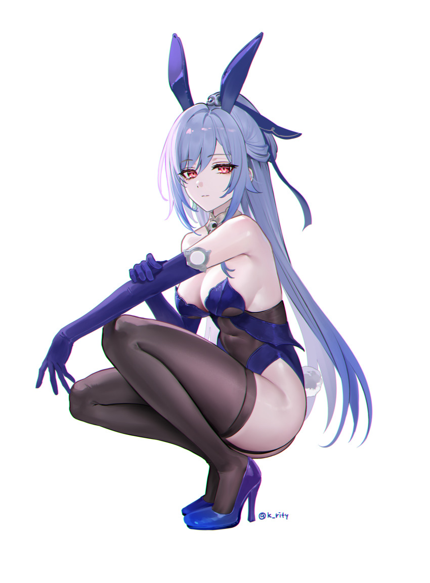 1girl :| alternate_costume animal_ears arm_on_knee bare_shoulders black_thighhighs blue_footwear blue_gloves blue_hair breasts brown_thighhighs cleavage closed_mouth covered_navel detached_collar elbow_gloves expressionless fake_animal_ears fake_tail from_side full_body garter_straps gloves grey_hair hair_ornament half_updo hand_on_own_elbow high_heels highleg highleg_leotard highres holding_own_arm honkai:_star_rail honkai_(series) jingliu_(honkai:_star_rail) large_breasts leotard long_hair looking_at_viewer medium_breasts pink_eyes playboy_bunny purple_footwear purple_gloves purple_leotard rabbit_ears rabbit_tail red_eyes rity sideboob sidelocks simple_background solo squatting strapless strapless_leotard tail thighhighs thighs twitter_username very_long_hair white_background