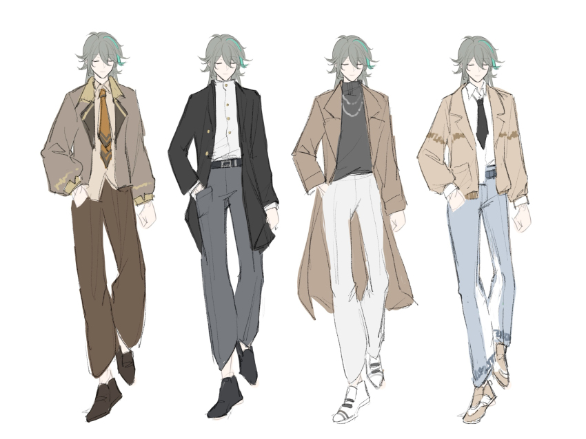 1boy alternate_costume artist_collaboration belt black_belt black_coat black_necktie black_shoes blue_pants brown_coat brown_jacket brown_necktie brown_pants brown_shoes closed_eyes closed_mouth coat commentary english_commentary facing_viewer grey_hair grey_pants grey_shirt hand_in_pocket highres honkai_(series) honkai_impact_3rd jacket long_hair male_focus multicolored_hair multiple_views necktie pants reference_sheet sang_sha shirt shoes simple_background sketch smile streaked_hair su_(honkai_impact) white_background white_pants white_shirt white_shoes zelian
