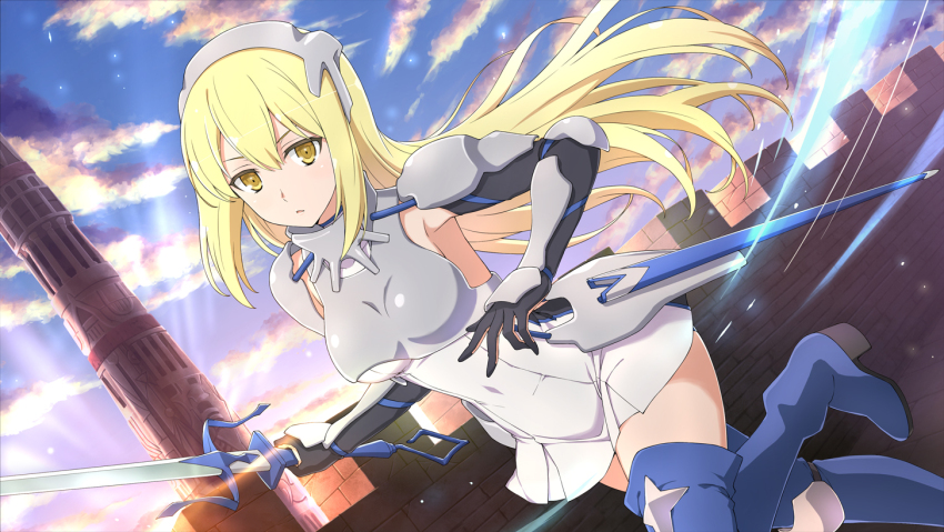 1girl aiz_wallenstein armor battlement blonde_hair blue_boots blue_thighhighs boots breastplate breasts covered_navel crossover day dress dungeon_ni_deai_wo_motomeru_no_wa_machigatteiru_darou_ka elbow_gloves evening gauntlets gloves holding holding_sword holding_weapon long_hair looking_at_viewer medium_breasts official_art open_mouth senran_kagura senran_kagura_new_link sheath short_dress solo sword thigh_boots thighhighs tower weapon white_dress yaegashi_nan yellow_eyes