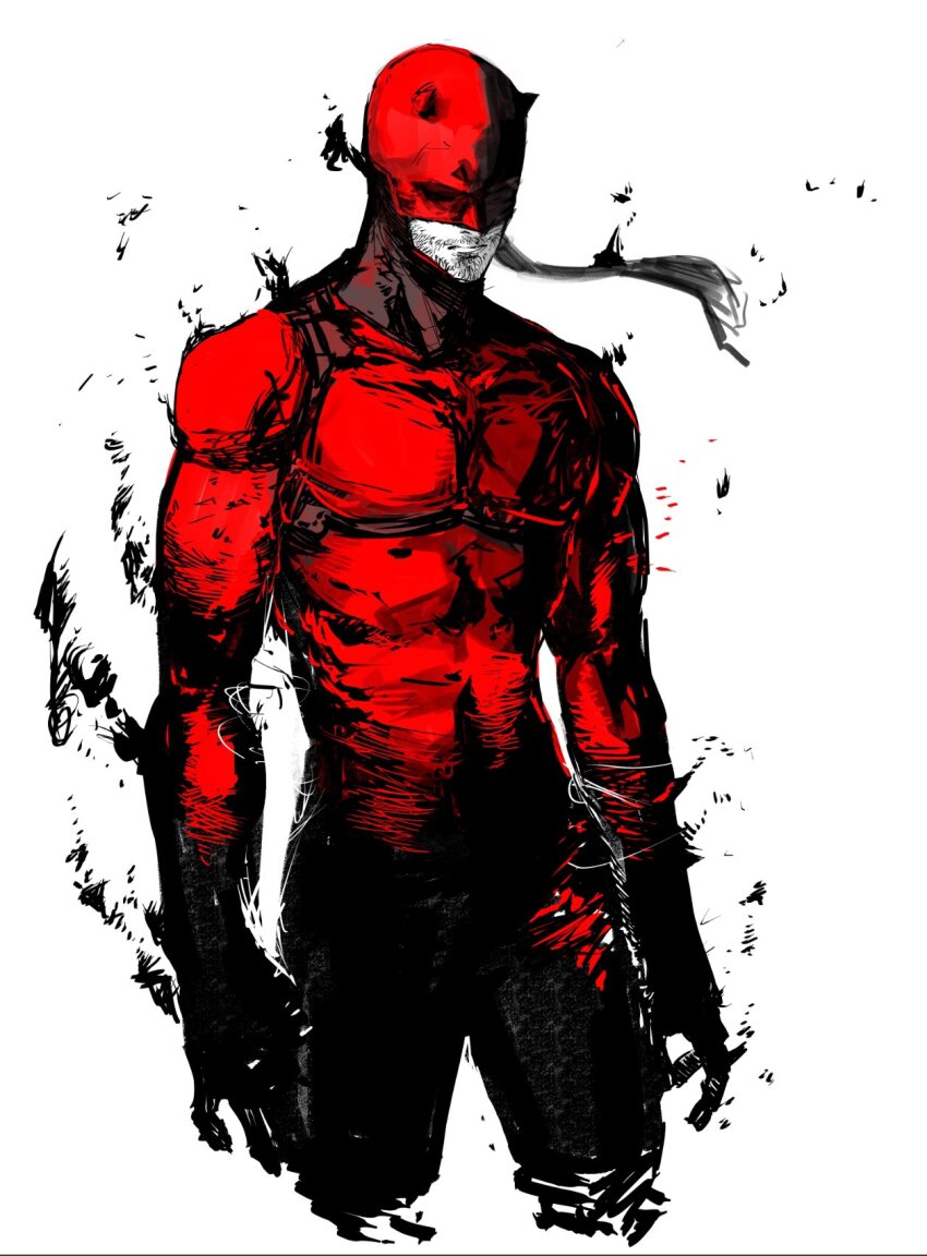 1boy beard bodysuit daredevil daredevil_(netflix) facial_hair gloves highres horns male_focus marvel marvel_cinematic_universe mask pants red_bodysuit simple_background solo superhero_costume white_background yourfreakyneighbourh