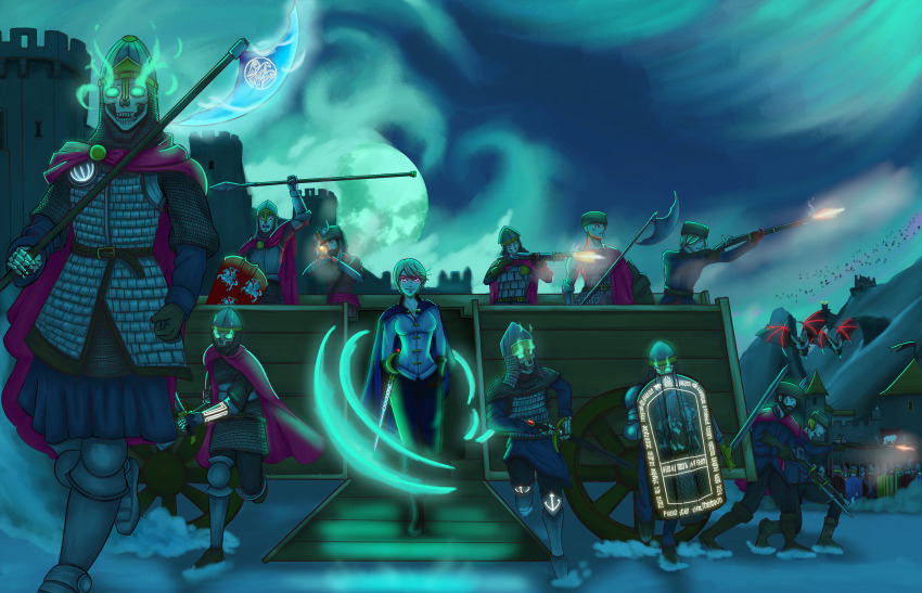 1girl 6+boys antique_firearm armor army axe bad_deviantart_id bad_id bayonet boots brown_boots castle dogkacique firearm firelock firing flintlock full_moon gun halberd helmet highres kislev magic moon mountain multiple_boys night night_sky polearm red_eyes saber_(weapon) shirt short_hair skeleton sky snow spear sword ulrika_magdova_straghov undead vampire wagon warhammer_fantasy weapon white_shirt