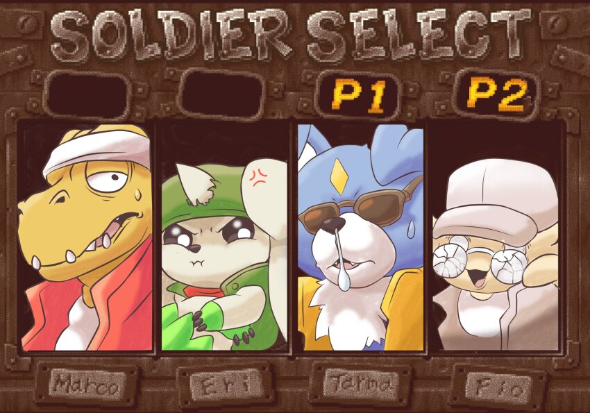 agumon burgamon cosplay digimon digimon_(creature) fio_germi fio_germi_(cosplay) gaomon glasses hat highres horns kasamoto_eri kasamoto_eri_(cosplay) looking_at_viewer marco_rossi marco_rossi_(cosplay) metal_slug parody sunglasses tarma_roving tarma_roving_(cosplay) terriermon
