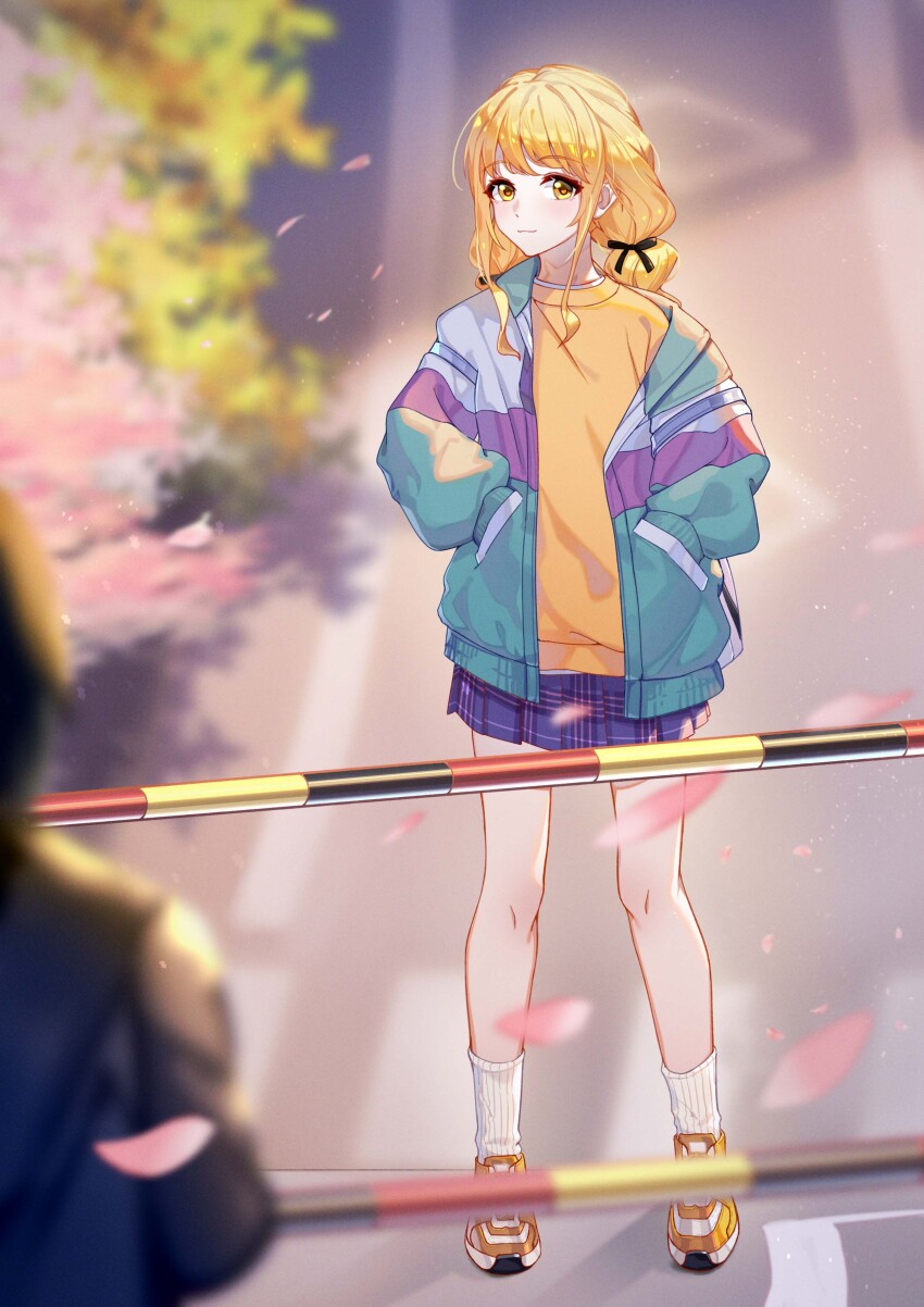 1girl 1other absurdres bare_legs black_ribbon blonde_hair blue_skirt blurry blurry_foreground braid cherry_blossoms commentary crosswalk falling_petals fujita_kotone gakuen_idolmaster hair_ribbon hands_in_pockets highres idolmaster jacket light_smile looking_at_viewer miniskirt multicolored_jacket outdoors petals plaid_clothes plaid_skirt pleated_skirt railroad_crossing ribbon shirt shoes skirt sneakers socks solo_focus twin_braids white_socks yellow_eyes yellow_shirt yellow_shoes zuiai_gongzhu_dianxia