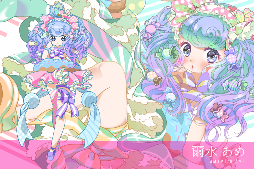 1girl ahoge amamizu_ame artist_name asymmetrical_footwear asymmetrical_legwear bad_id bad_pixiv_id blue_eyes blue_hair blush bow candy candy_hair_ornament donut food food-themed_clothes food-themed_hair_ornament frills hair_bow hair_ornament hand_up highres huge_ahoge imomushi_(pixiv_9001433) long_hair mismatched_footwear multiple_views original pantyhose pink_skirt polka_dot polka_dot_bow purple_bow ribbon skirt standing striped_clothes striped_legwear striped_pantyhose thigh_bow twintails uneven_footwear uneven_legwear