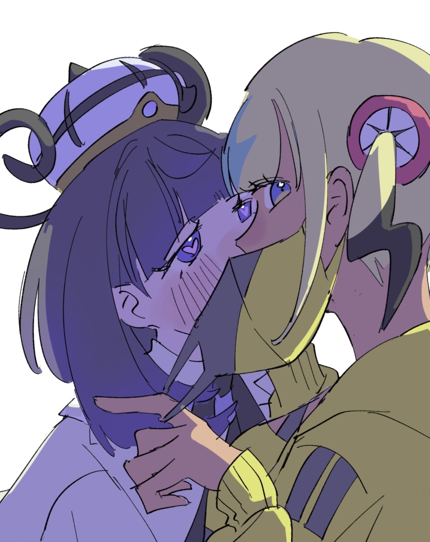 2girls amino_(2q8k0) aqua_hair black_hair blonde_hair blush canari_(pokemon) coat commentary_request gwynn_(pokemon) hat heart heart-shaped_pupils highres jacket long_sleeves looking_at_another looking_at_viewer mask_pull multiple_girls nintendo pokemon pokemon_legends:_z-a purple_eyes purple_hair short_hair symbol-shaped_pupils upper_body white_background white_coat yellow_jacket yuri