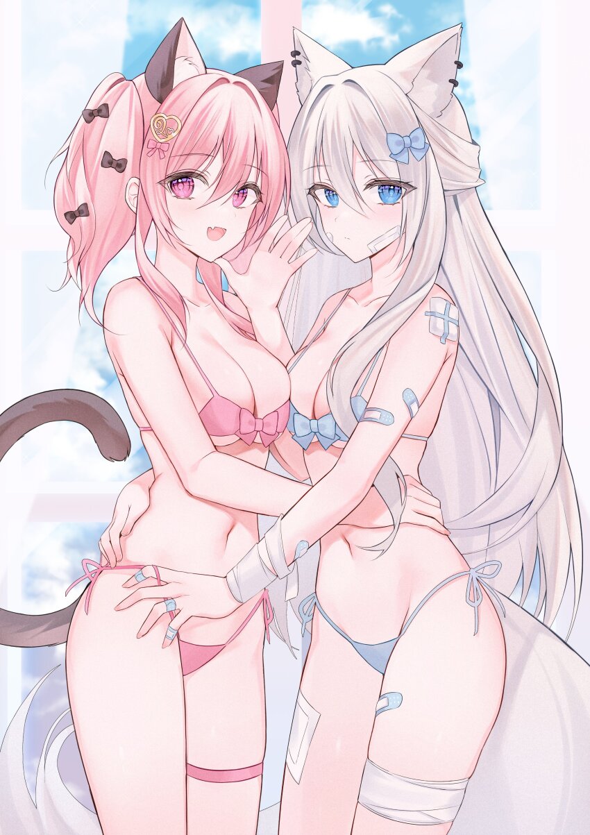 2girls :d absurdres animal_ear_fluff animal_ears aqua_eyes asymmetrical_docking bandage_on_face bandaged_arm bandaged_leg bandages bandaid bandaid_on_arm bandaid_on_face bandaid_on_hand bandaid_on_leg bare_shoulders bikini bikini_pull black_bow blue_bow blue_eyes blue_hair blush bow bow_bikini breast_press breasts cat_ears cat_girl cat_tail cleavage clothes_pull collarbone commentary cowboy_shot curtains day ear_piercing fang front-tie_bikini_top front-tie_top grey_hair groin hair_between_eyes hair_bow hair_intakes hair_ornament hairclip halterneck hand_up heart heart_hair_ornament highres indoors large_breasts long_hair looking_at_viewer medium_breasts micro_bikini multiple_girls navel open_mouth original piercing pink_bow pink_hair pulling_another&#039;s_clothes side-tie_bikini_bottom skin_fang smile standing stomach string_bikini string_pull striped_bikini striped_clothes swimsuit symbol-only_commentary tail thighs twintails very_long_hair waving window wolf_ears wolf_girl wolf_tail yagen_(user_mxur3238) yuri