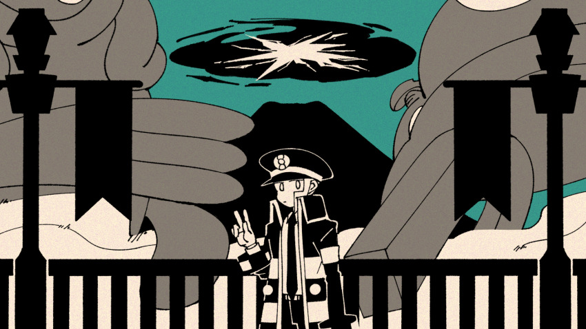 1boy banner belt black_hat black_jacket black_necktie black_pants collared_shirt commentary_request gen_4_pokemon gloves green_background hand_up hat ingo_(pokemon) jacket limited_palette long_sleeves looking_at_viewer magnezone male_focus mountain mt._coronet necktie nintendo outdoors pants peaked_cap pokemon pokemon_(creature) pokemon_bw pokemon_legends:_arceus railing shirt sideburns solo tangrowth tokiwa_(mojya-mojya100) upper_body v white_gloves white_shirt
