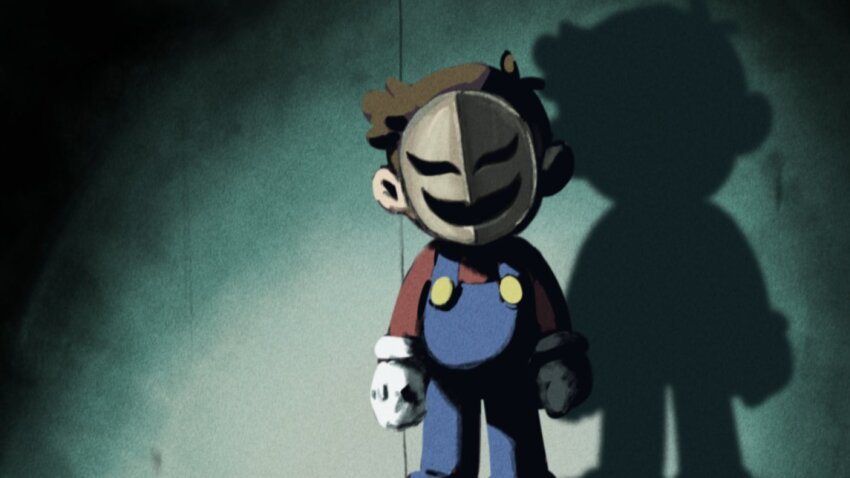 1boy blue_overalls brown_hair facing_viewer famicom_tantei_club feet_out_of_frame gloves horror_(theme) male_focus mario mario_(series) mask nintendo no_headwear overalls phanto red_sweater shadow solo standing super_mario_bros._2 sweater white_gloves ya_mari_6363