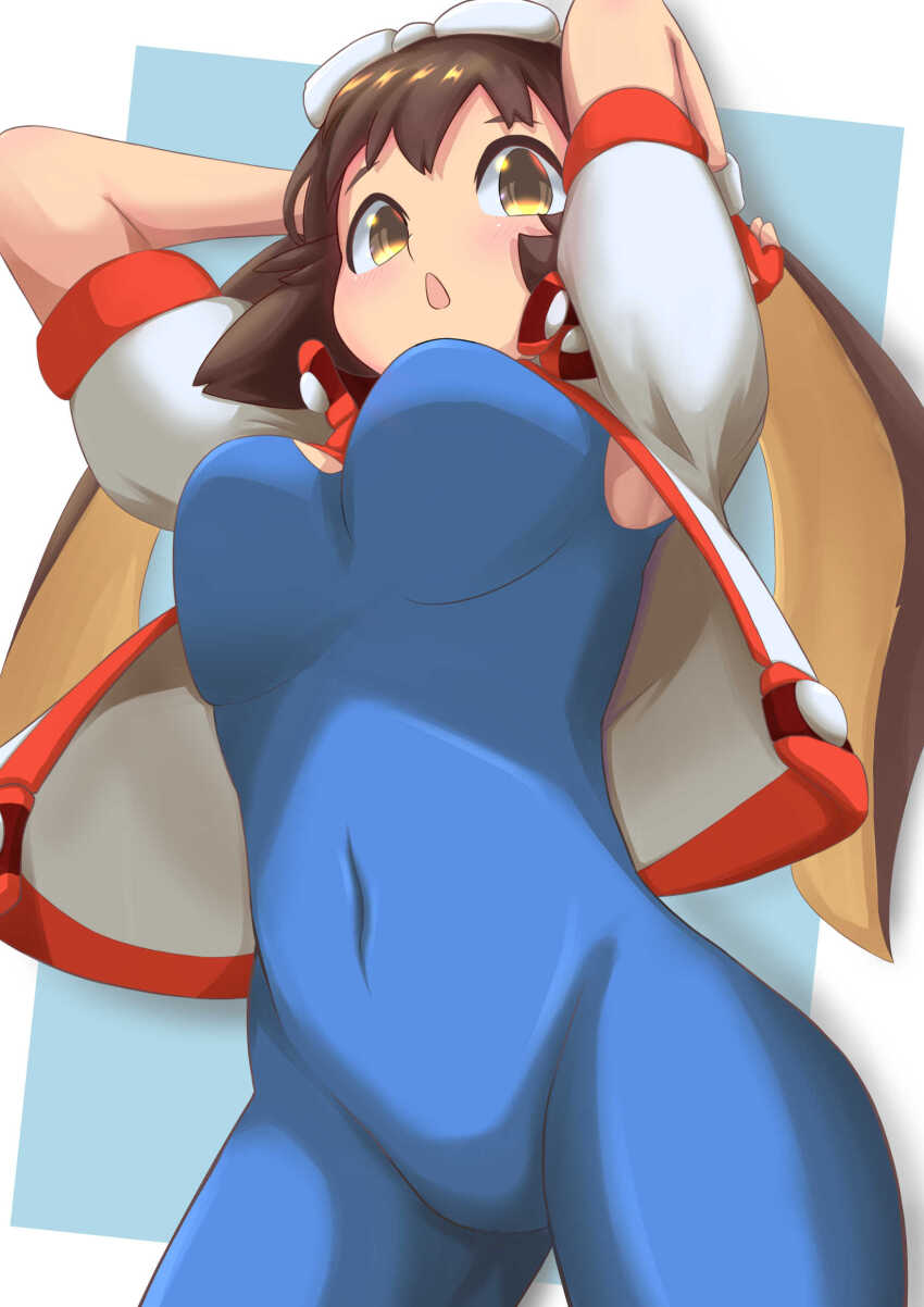 1girl absurdres arms_behind_head blue_bodysuit bodysuit breasts brown_eyes brown_hair covered_navel female_focus highres jacket large_breasts makihara_arina solo waku_waku_7