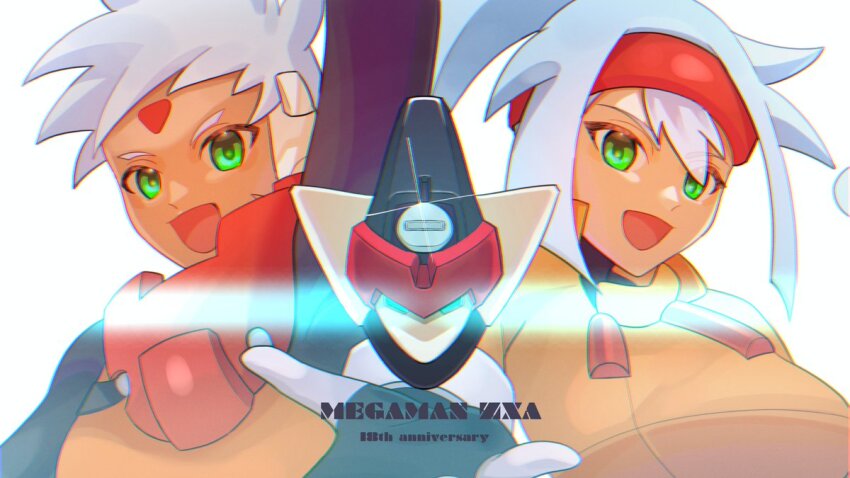 1boy 1girl anniversary arm_up ashe_(mega_man) biometal blue_eyes blue_hair breasts copyright_name facial_mark forehead_mark glowing glowing_eyes green_eyes grey_(mega_man) grey_hair high_ponytail jacket large_breasts long_hair mega_man_(series) mega_man_zx mega_man_zx_advent model_a_(mega_man) orange_jacket ponytail robot_ears sasaki_(ssk8083) short_hair upper_body