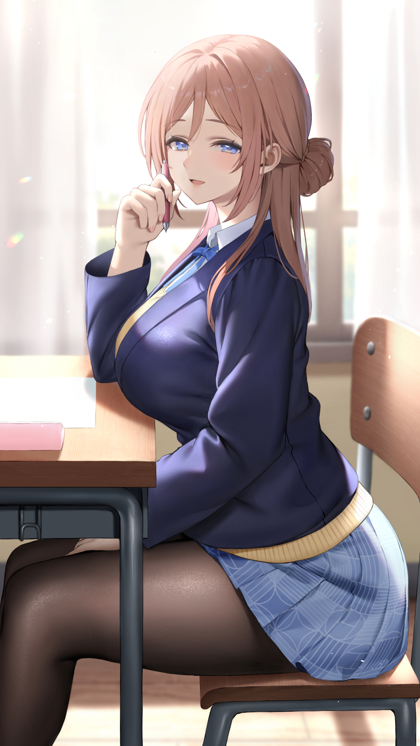 1girl absurdres black_pantyhose blue_eyes blue_jacket blue_ribbon blue_skirt blush breasts brown_hair classroom commentary_request curtains from_side gakuen_idolmaster hair_bun hatsuboshi_gakuen_school_uniform hibimaru highres himesaki_rinami holding holding_pen idolmaster indoors jacket large_breasts light_particles long_hair long_sleeves looking_at_viewer miniskirt on_chair open_mouth pantyhose paper pen pleated_skirt ribbon school_uniform single_side_bun sitting skirt smile solo sweater_vest yellow_sweater_vest