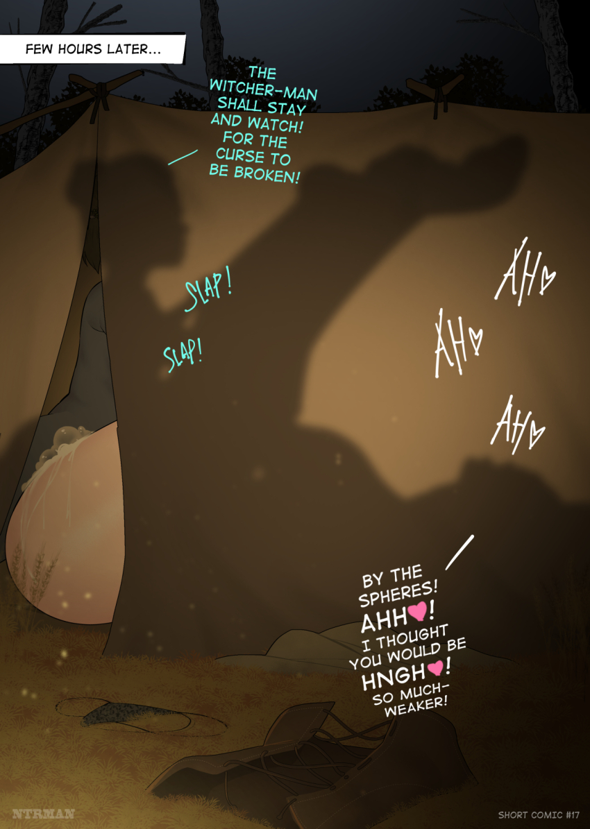 1boy 1girl cum cum_overflow english_text hetero highres implied_sex legs_up netorare night night_sky ntrman paid_reward silhouette sky striped_clothes the_witcher_(series) vaginal wide_hips yennefer_of_vengerberg