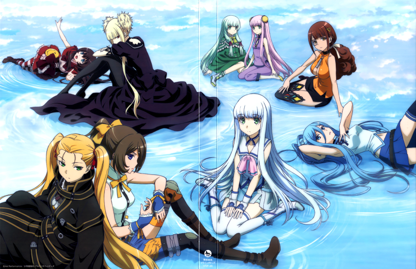 10s 6+girls :3 :d aoki_hagane_no_arpeggio asymmetrical_clothes belt blonde_hair blue_eyes blue_hair blue_thighhighs boots breasts brown_hair capelet chinese_clothes choker cleavage cleavage_cutout cloak clothing_cutout corset cover crease curly_hair double_bun dress dvd_cover fingerless_gloves gloves green_eyes green_hair hair_bun hair_ornament hair_rings hairclip haruna_(aoki_hagane_no_arpeggio) highres hyuuga_(aoki_hagane_no_arpeggio) i-400_(aoki_hagane_no_arpeggio) i-402_(aoki_hagane_no_arpeggio) iona_(aoki_hagane_no_arpeggio) jewelry kirishima_(aoki_hagane_no_arpeggio) kongou_(aoki_hagane_no_arpeggio) long_hair looking_at_viewer lying maya_(aoki_hagane_no_arpeggio) miniskirt monocle multiple_girls necklace official_art on_back open_mouth pantyhose ponytail purple_dress purple_hair red_eyes scan school_uniform short_dress short_hair short_hair_with_long_locks short_ponytail short_twintails side_slit sidelocks single_leg_pantyhose single_pantsleg sitting skirt slippers smile smiley_face striped_legwear takao_(aoki_hagane_no_arpeggio) thigh_strap thighhighs twintails wariza water white_legwear wrist_cuffs yellow_eyes yokozuwari