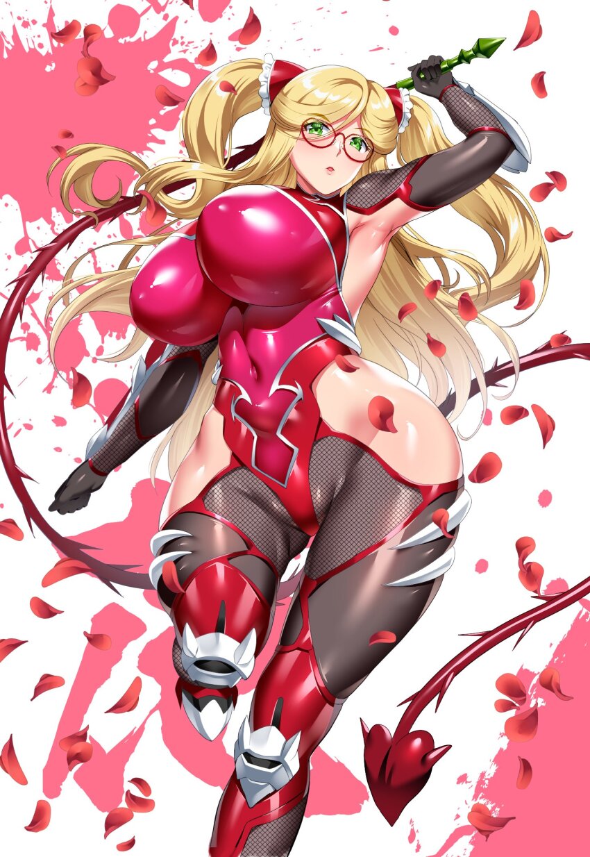 1girl arm_guards arm_up armpits blonde_hair blush bodysuit bouncing_breasts breasts covered_erect_nipples curvy fishnets flower glasses gloves green_eyes highres hozumi_kenji huge_breasts impossible_bodysuit impossible_clothes kosaka_shizuru leotard long_hair looking_at_viewer red_bodysuit shiny_clothes shiny_skin solo taimanin_(series) taimanin_rpgx taimanin_suit taimanin_yukikaze twintails whip wide_hips