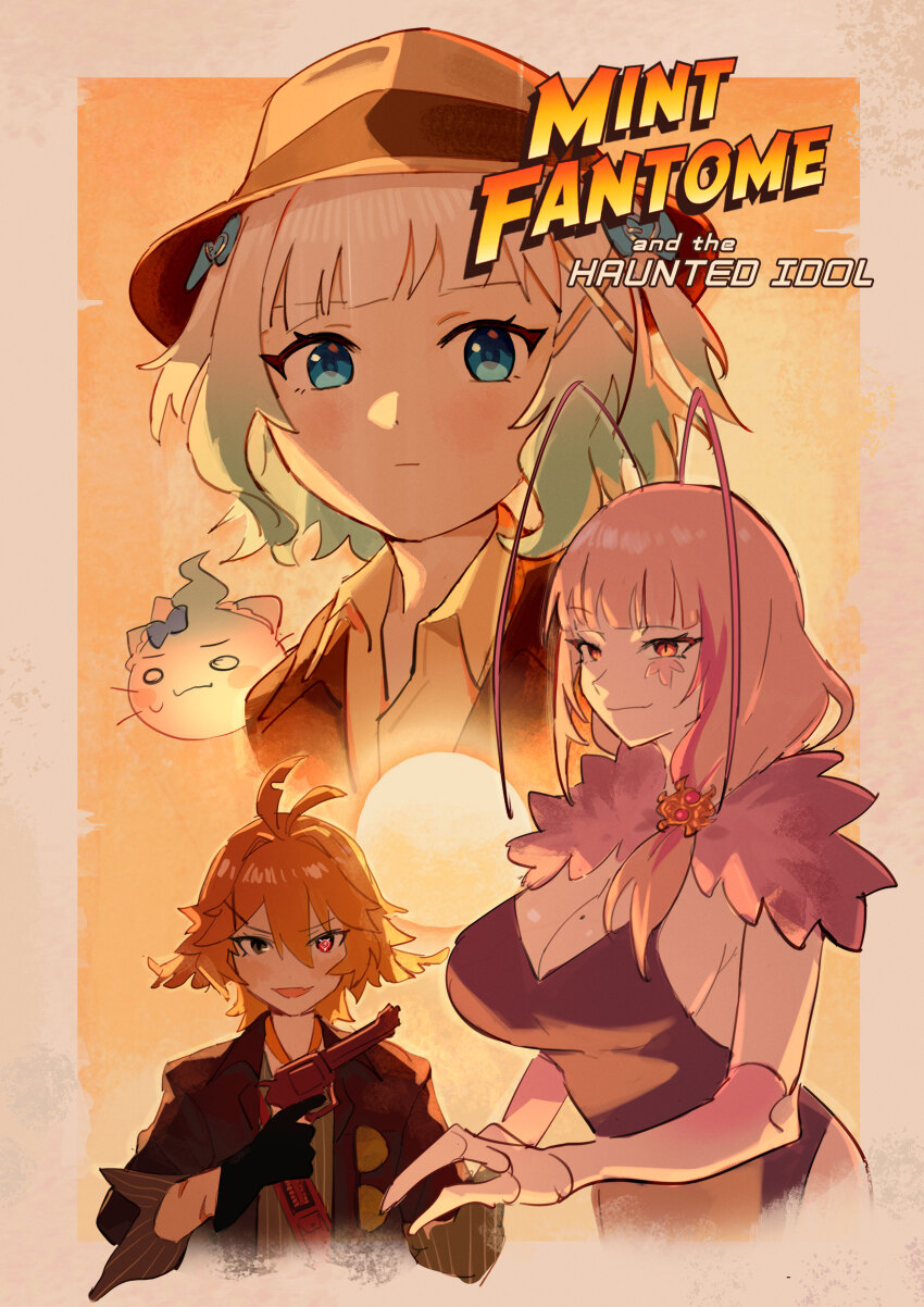 3girls absurdres alternate_costume antenna_hair antennae arthropod_girl black_gloves black_jacket blonde_hair blue_eyes breasts brown_hat cleavage cockroach_girl dokibird_(vtuber) dress fedora fur_scarf gloves gradient_hair green_hair grey_eyes gun handgun hat heterochromia highres holding holding_gun holding_weapon indiana_jones_(series) indie_virtual_youtuber jacket large_breasts maplesights matara_kan mint_fantome mole mole_on_breast monster_girl multicolored_hair multiple_girls pink_hair poster_parody purple_dress red_eyes smirk virtual_youtuber vshojo weapon white_hair wisps_(mint_fantome)