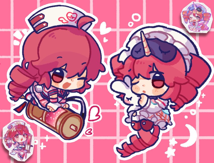 2girls ahoge alternate_costume chibi chibi_only double-parted_bangs dress drill_hair dual_persona fingerless_gloves frilled_dress frills full_body gloves hair_between_eyes hat highres horns kasane_teto kneeling moochaakaka multiple_girls nightcap nurse nurse_cap one_eye_closed open_mouth oversized_object pink_dress pink_liquid red_eyes red_footwear red_hair shoes single_horn sleep_mask socks solid_oval_eyes stuffed_animal stuffed_toy syringe twin_drills unicorn utau white_footwear white_gloves white_hair white_socks