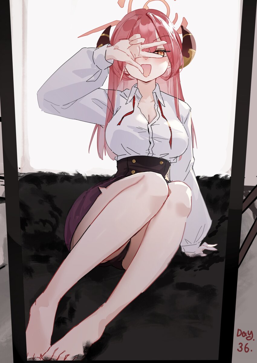1girl :d absurdres aru_(blue_archive) bare_legs black_couch blue_archive blush breasts brown_horns buttons cleavage couch demon_horns double-breasted dress_shirt full-length_mirror full_body halo hand_up hashtag-only_commentary high-waist_skirt highres horns large_breasts legs long_hair long_sleeves looking_at_mirror low_horns mirror one_eye_covered open_mouth partially_unbuttoned pencil_skirt pigeon-toed pink_hair pink_halo puffy_long_sleeves puffy_sleeves purple_skirt red_ribbon reiami ribbon shirt sitting skirt smile solo w w_over_eye white_shirt yellow_eyes